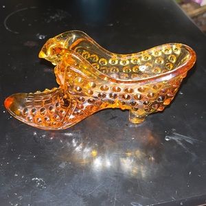 Vintage 1970’s Art Glass Fenton Amber Hobnail Cats Head Slipper Shoe